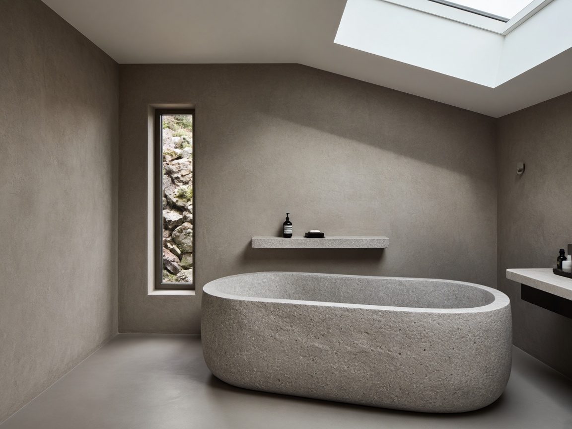 A bathroom with seamless plaster walls, an oval stone bathtub, a narrow stone shelf, a tall slot window onto rock, and a skylight in the sloped ceiling.