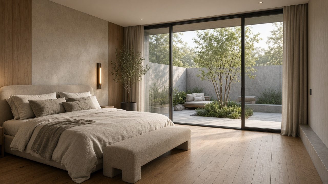 A calm bedroom with a linen-dressed bed, an upholstered bench, a timber and plaster wall, and a sliding glass wall opening to a walled courtyard with a slender tree and a small seat.