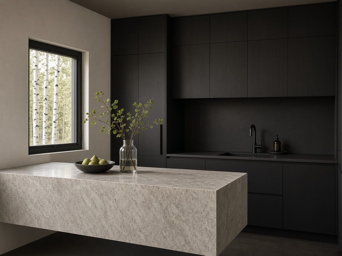 A kitchen with matte black cabinetry along the back wall, a black tap, a slab stone island in pale grey with a bowl of pears and a glass vase of branches, and a deep-set window onto birch trees.