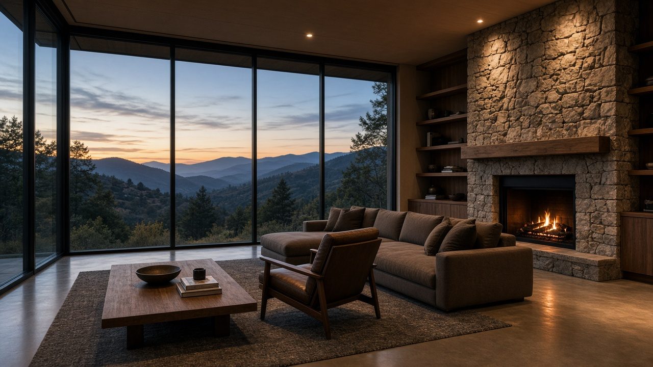 A living room at dusk with a floor-to-ceiling glass wall facing forested mountains, a stacked-stone fireplace with a lit fire, a brown sectional sofa, a leather chair and a low timber coffee table.