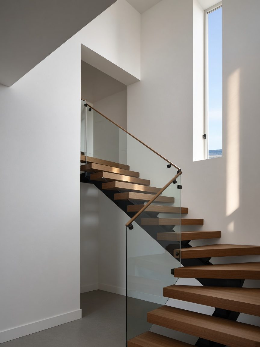 A stair of oak treads floating from a dark steel spine, with a frameless glass guard and slim timber handrail, white plaster walls, and a tall narrow window letting a bar of daylight onto the wall.