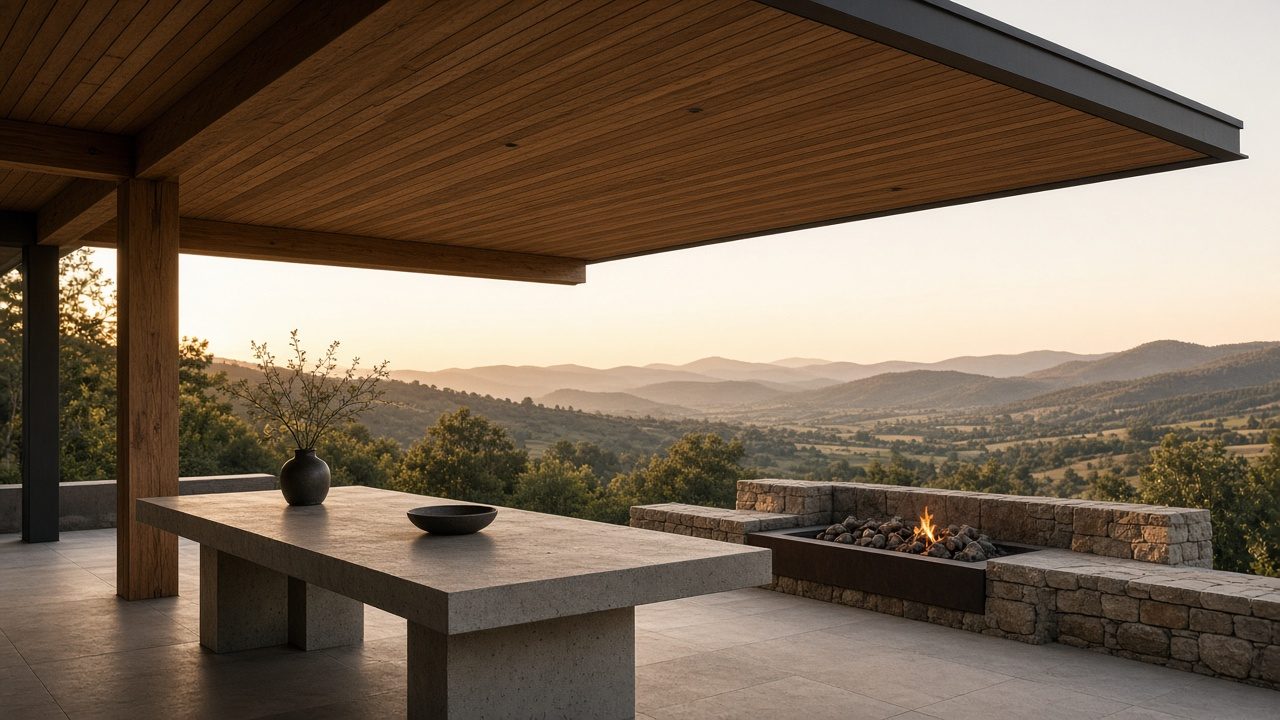 A covered terrace at golden hour with a timber-lined roof, heavy timber posts, a long cast-stone table, a stone fire trough and a view across rolling hills.